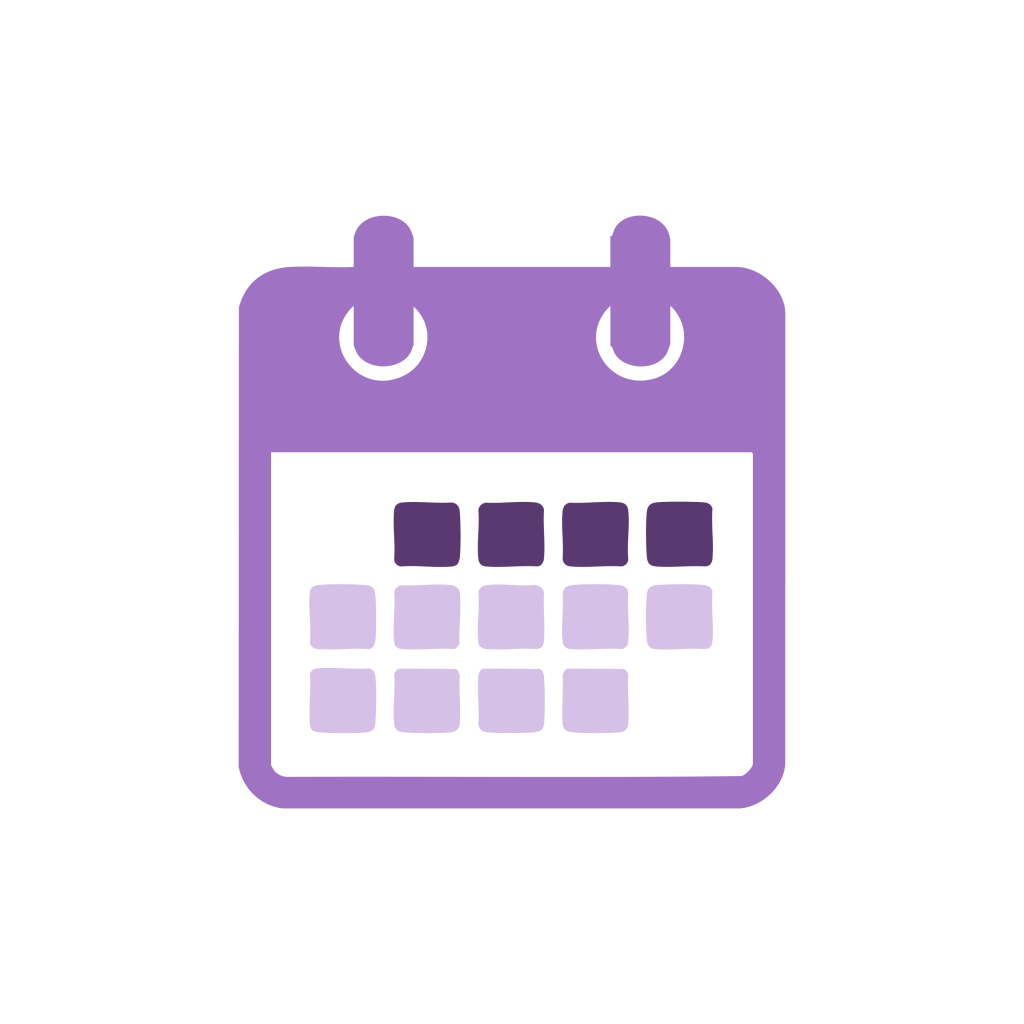 Ein lila Kalender mit sichtbaren Tagen und zwei Ringen oben.