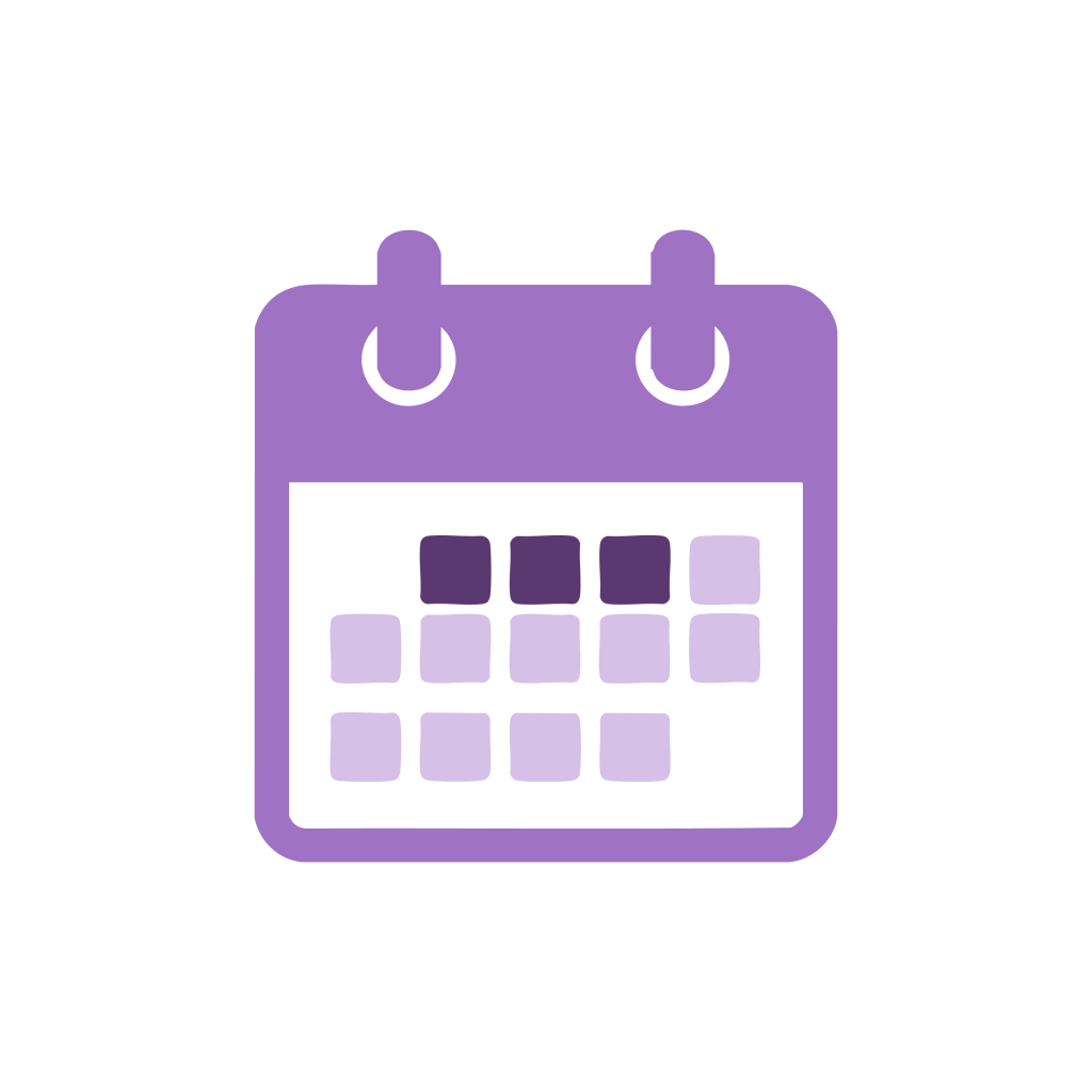Ein lila Kalender mit zwei Ringen oben und einem Raster aus Kästchen zur Darstellung von Tagen.